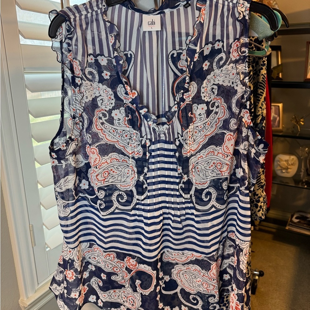 Cabi Navy, Pink and White Paisley Striped Top